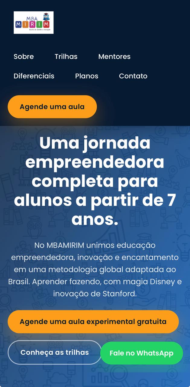 Captura mobile do website MBA MIRIM com menu, apresentação e botões de contato.